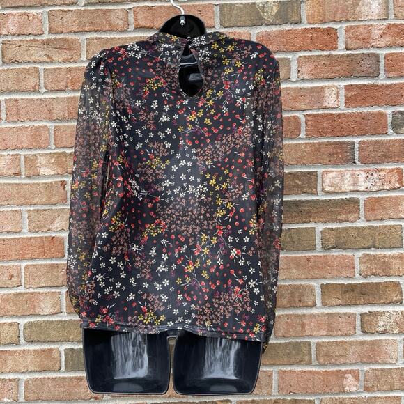 Dark Floral Fairy Grunge Whimsigoth Sheer Blouse Mock Neck Layering Tee medium - Picture 6 of 12